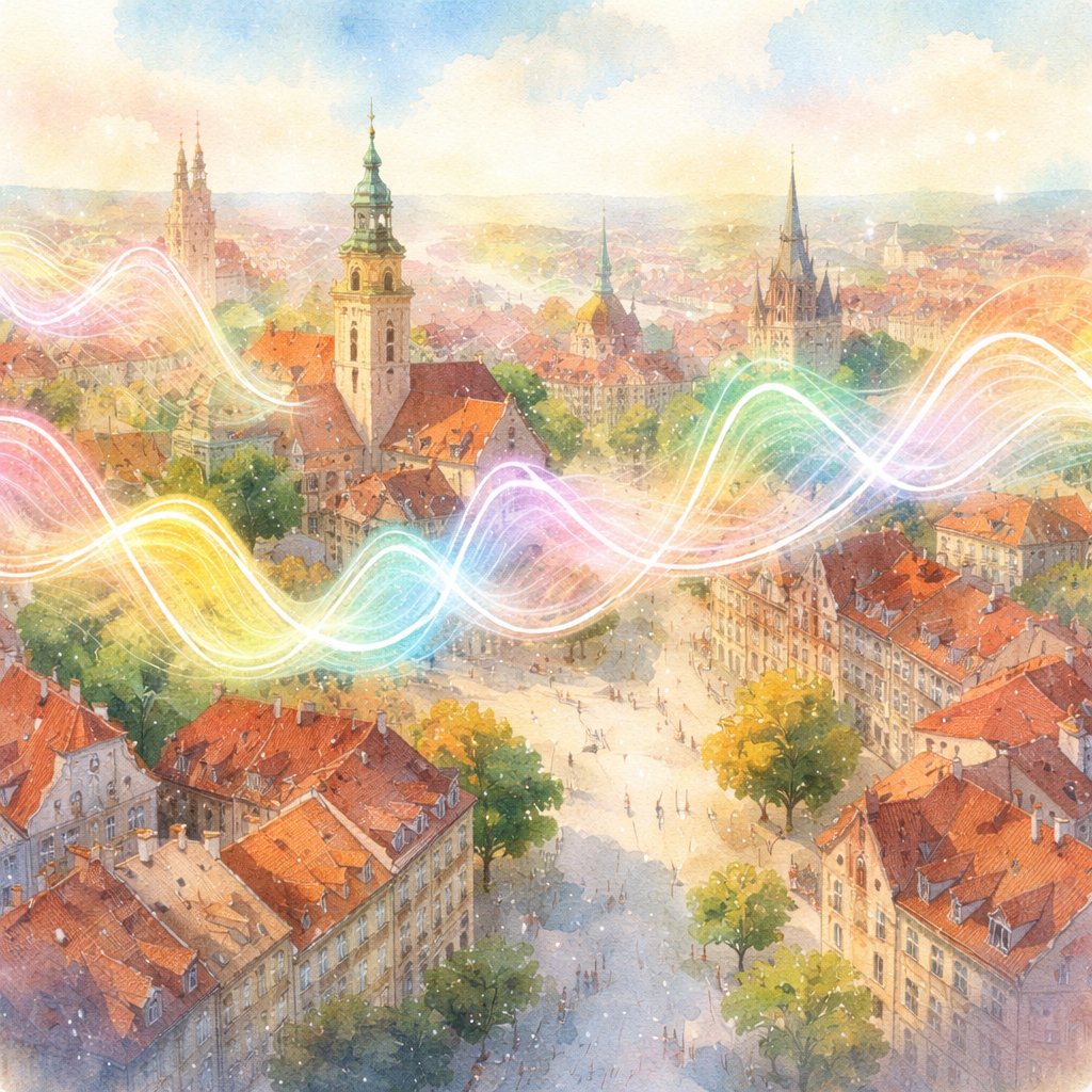 Drone view No character, no speech bubbles, lovely delicate sound waves colourful, transparent float through an old-fashioned European city