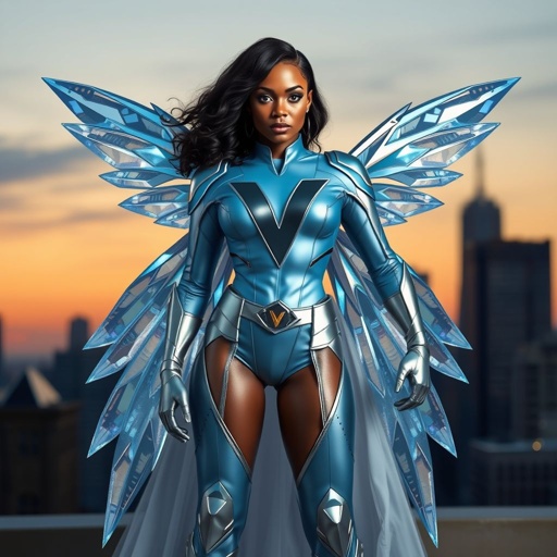 African American female superhero wearing a mask and a leather slightly armored light blue and silver suit with silver boots and a V as her chest emblem with crystal wings standing in Philadelphia at dusk