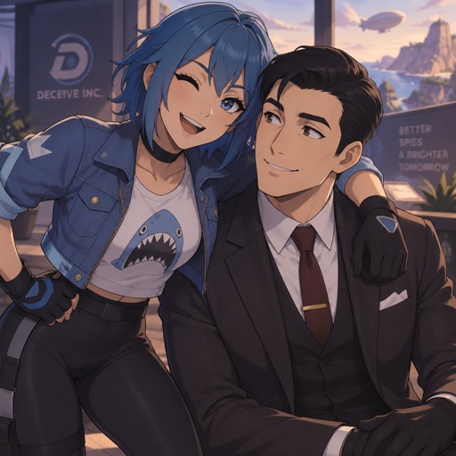 Light rider from Fortnite, neck length blue hair, cropped jean jacket black leggings, tshirt with shark on it, gloves, Squire from deceive inc black hair, arm around shoulders, smiling