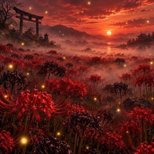 a painting of a sunset over a field of flowers