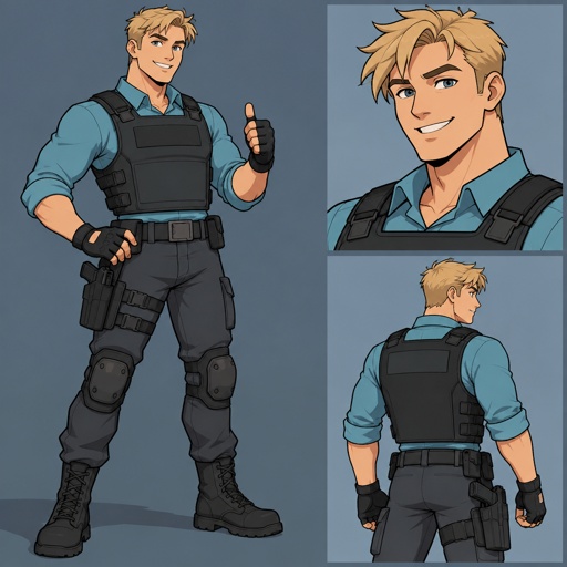 Male, short messy blonde hair, brushed side hair, hair in middle of forehead, smiling, cyan shirt, plain flat bulletproof vest, fingerless gloves, knee pads, belt with gun