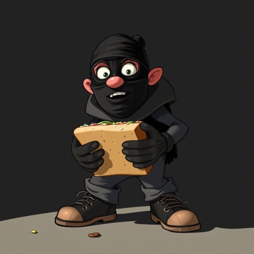 Create a funny looking clumsy sandwhich thief with funny shoes on. Make him have on the bandit black thing around his eyes 