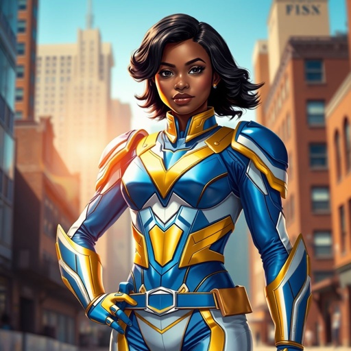 A teenage African American female superhero with slightly curly hair in a shoulder length side part style  wearing a  polyester armored white and blue suit with gold accents and a stylized V as her chest emblem a utility belt and gold boots standing in Philadelphia  