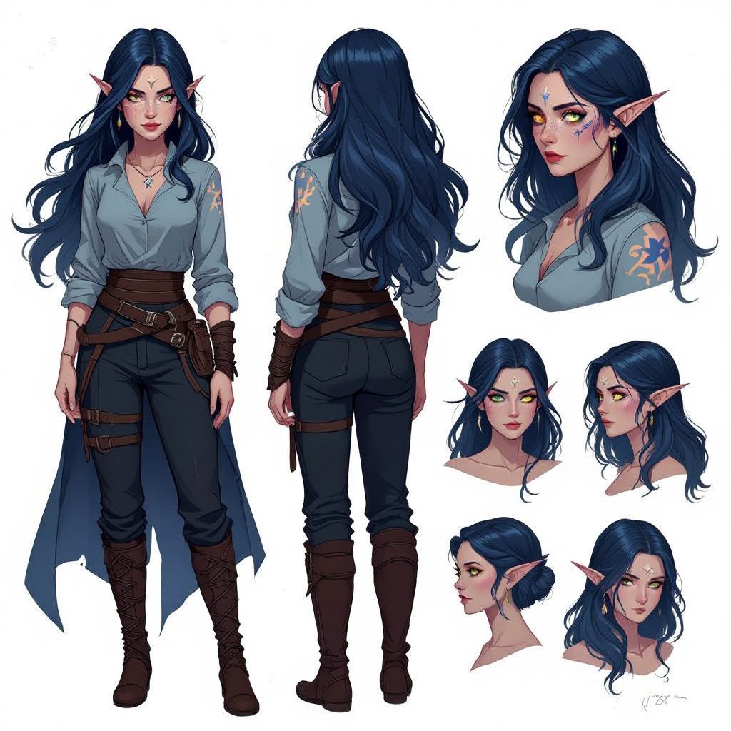 Hair:Dark Blue fading Black waist length  hair Facial features: star freckles, eye brow scar on right side( closest to the nose), crescent moon birthmark behind the left ear - close to the lobe Eyes: Grey Body Type: Hourglass Height: 4’8 Preferred outfit: Long Sleeve Shirt and Pants Other: 	•	Scars on arms, back, and legs 	•	Burn marks on back and arms 	•	Draco Constellation on right shoulderblade 