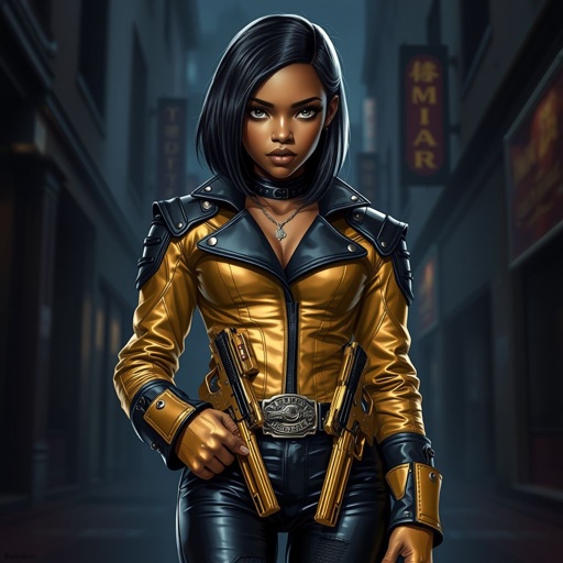 A teenage African American female with shoulder length hair  in a side part style wearing an armored gold leather jacket with black accents black leather pants and gold boots with a gun belt and two guns on her hips GOTHIC
