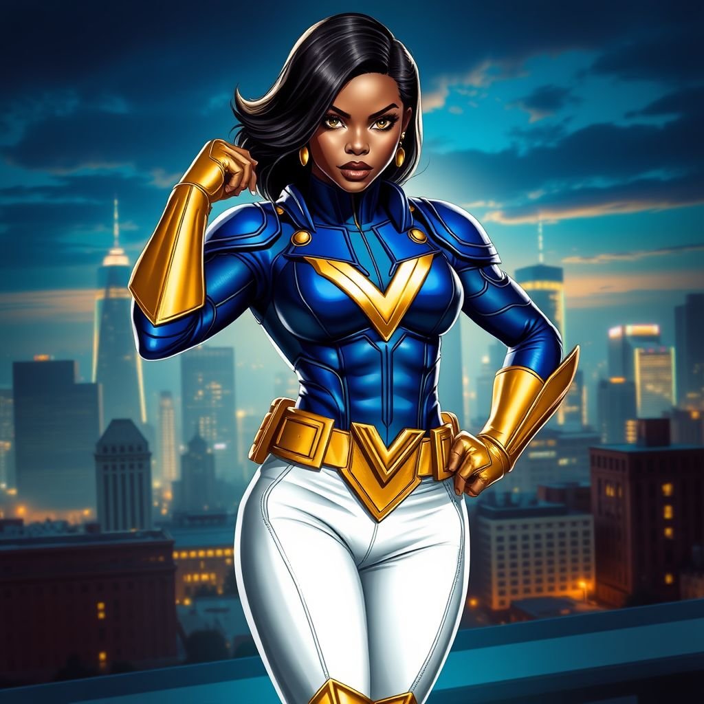 African American female superhero with hair in a shoulder length side part hairstyle with pure Gold Glowing eyes wearing slightly armored white royal blue and gold accented suit with white pants and gold knee length boots with a utility belt with a gold V as her chest emblem in Philadelphia