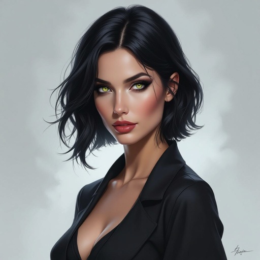 Show character head to toe. Create a mid age fantasy woman jet-black hair is cut sharpand her eyes seem to pierce through darkness. A shadowy aura clings to her form,