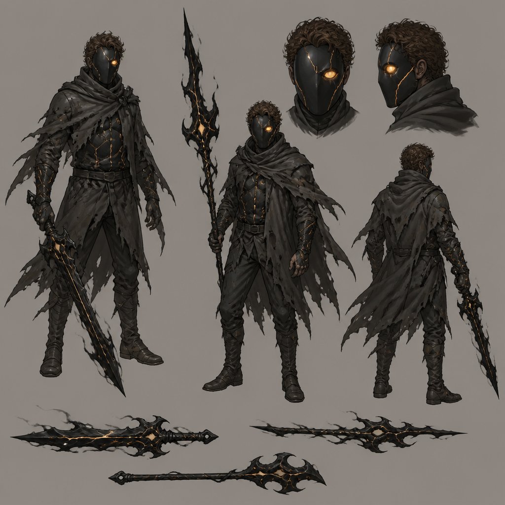 Male superhero with darkness solidification, ragged , weapons made of shadows, mask covers whole face except one eye,curly brown hair, cracks, middle aged, multiple of the same character