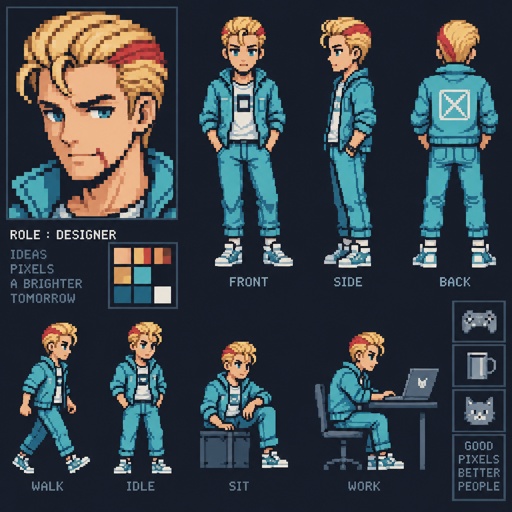 Male, blonde greased brushed back hair, curl on forehead, red streak in hair, scar on lip, blue eyes, slim, designer, cyan casual clothes,