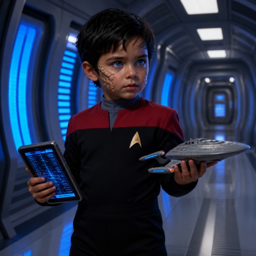 A young male half human half Devore aged 4 with short black hair and athletic build who resembles his parents Captain Kathryn Janeway from Star Trek Voyager and the Devore Inspector Kashyk. He has Kathryn’s blue eyes and a lot of her personality and character but he has Kashyk’s unique Devore facial features. He wears a child sized Star Trek Voyager uniform and holds a model replica of voyager in one hand and a data PADD in the other hand. 