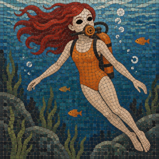 Female wearing an orange one piece legs covered sleeveless, red long hair, completely black eyes, orange breathing apparatus, 15 years old, floating 