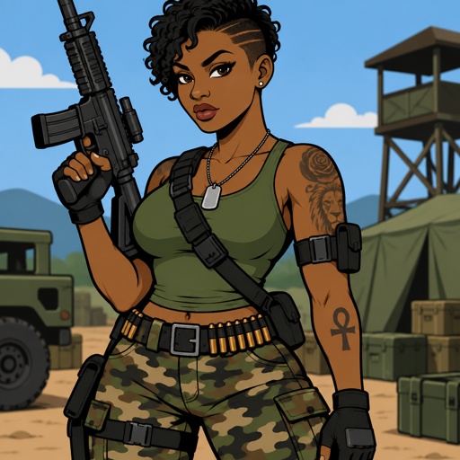 Female, African American, curly half cut short hair, green tank top, camo pants, belt with bullets, fingerless gloves, dog tags, belt across chest, arm strap, tattoos, gun