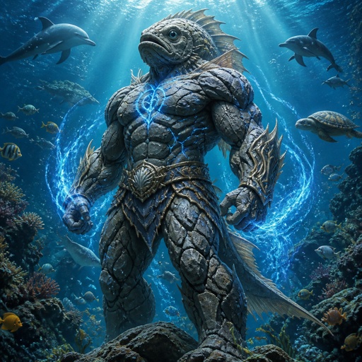 Stone fish turned into a superhero, muscular, rock like human body, to help stop extinction of marine life. He has that stone like body 