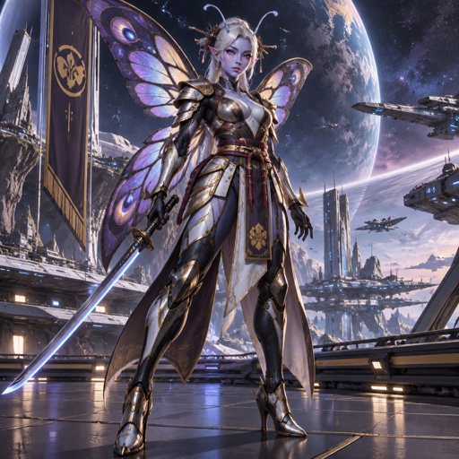 A gorgeous alien butterfly woman in a futuristic space samurai armor. Show whole body. 