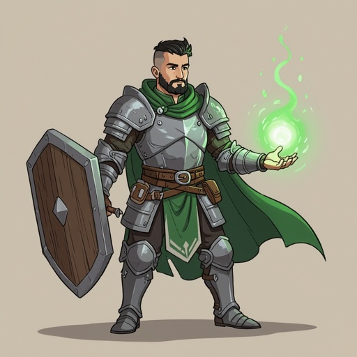 Male Cleric with heavy armor, and a shield white skin and short black hair and short beard. Green magic coming from his hands