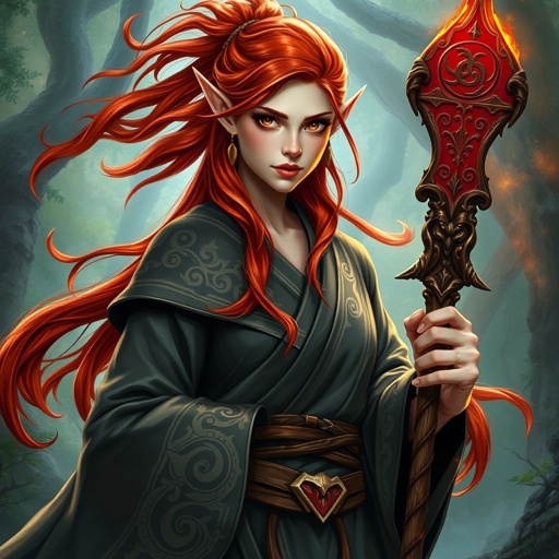 Elven woman red hair brown eyes monk wearing robes with a quarterstaff in hand