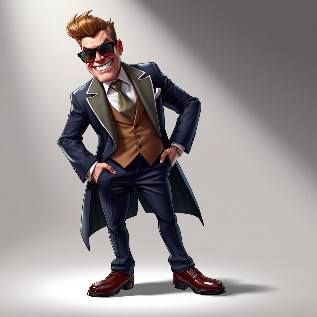 Create a funny arrogant character , showing him head to toe like his whole outfit 