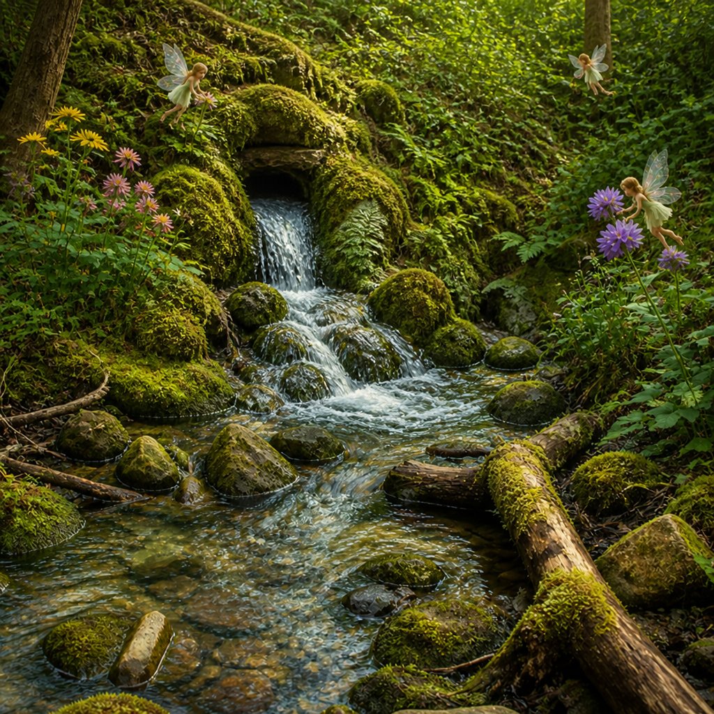 a stream running through a lush green forest