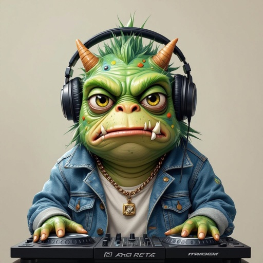 Create a funny looking monster dressed like a dj kinda with square face