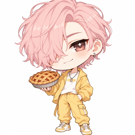 Male, Asian, light pink neck length wavy hair, hair in front of one eye other side is brushed back, smirk, chill, wearing yellow modern clothes, holding pie 