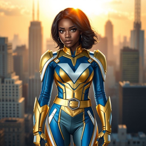 A teenage African American female superhero with slightly curly hair in a shoulder length side part style  wearing a  polyester slimly armored gold and blue suit with white accents and a stylized V as her chest emblem a utility belt and gold boots standing in Philadelphia  