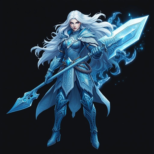 Create a battle woman hero called Alvara the Frostheart. Show full body head to toe including shoes