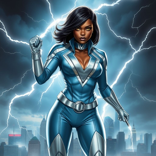 African American female superhero with hair in a shoulder length side part hairstyle with pure Gold glowing eyes wearing a leather light blue white and silver suit with light blue pants and silver boots and a V as her chest emblem controlling a storm in Philadelphia