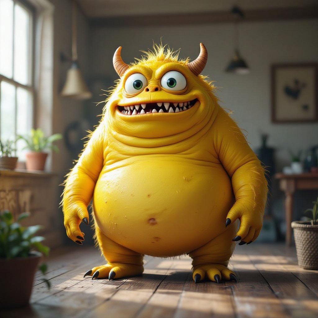 Create a fat yellow funny looking monster