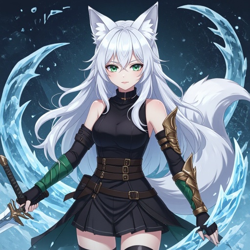 A pale teenage girl wearing black, has medium white hair, has large fox ears and a fluffy tail and a dark green and brown ancient right arm with a black glove on her left arm holding a sword of ice with a black-ish background with ice swirling around her