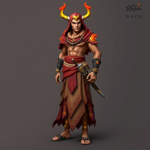 Create handsome hero Rhen the Fire – A lean, muscular man. He wears layered, flowing desert robes dyed in warm reds and golds, with scorch marks where flames have licked them. A curved blade hangs at his hip. Show whole body head to toe including her shoes.