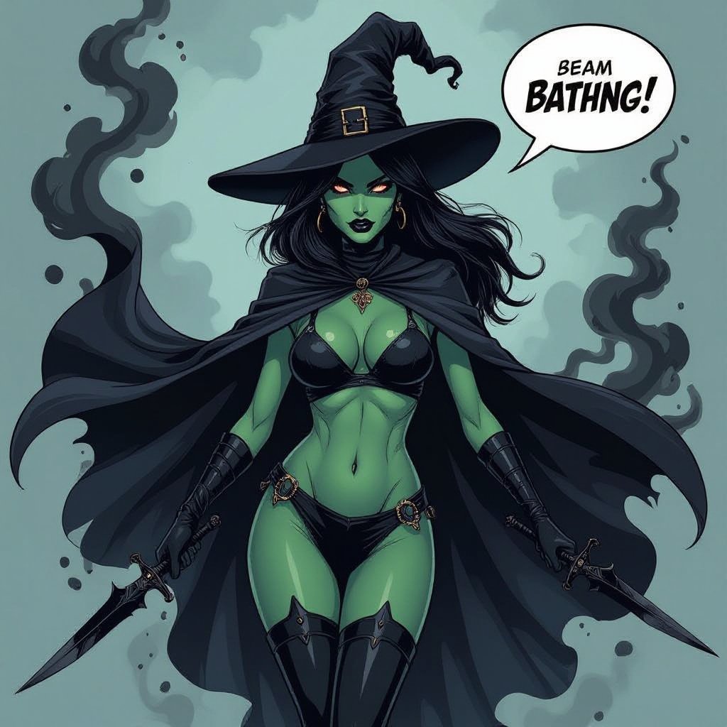 sexy shadow demon witch gypsy slate grey skin large black billowing cloak that emits darkness and shadow smoke. Two piece. Witches Hat. Wields Black Evil Shadow Smoke Daggers