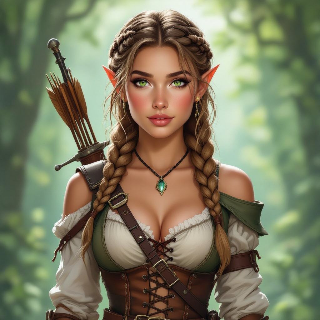 Young adult half elf woman. light brownish blonde hair that's braided into a single thick braid that comes over her shoulder. Delicate beauty, bright hazel green eyes, blushed cheeks, and plump supple lips. She's wearing cloth and leather in various earth tones, with a corset that emphasis her exposed chest cleavage. She has a scimitar in a scabbard on her belt; as well as a shoulder holster for a spell book. She has a longbow in her hand and a quiver on her back.