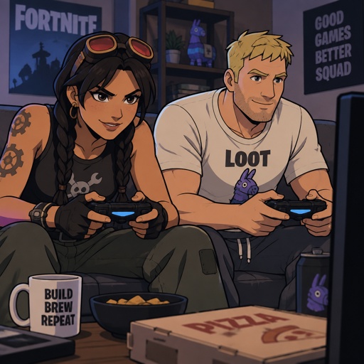 Jules from Fortnite, jones from Fortnite stubble, wearing casual clothes, playing video games 