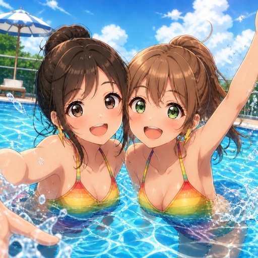 two girls in a swimming pool with their arms in the air