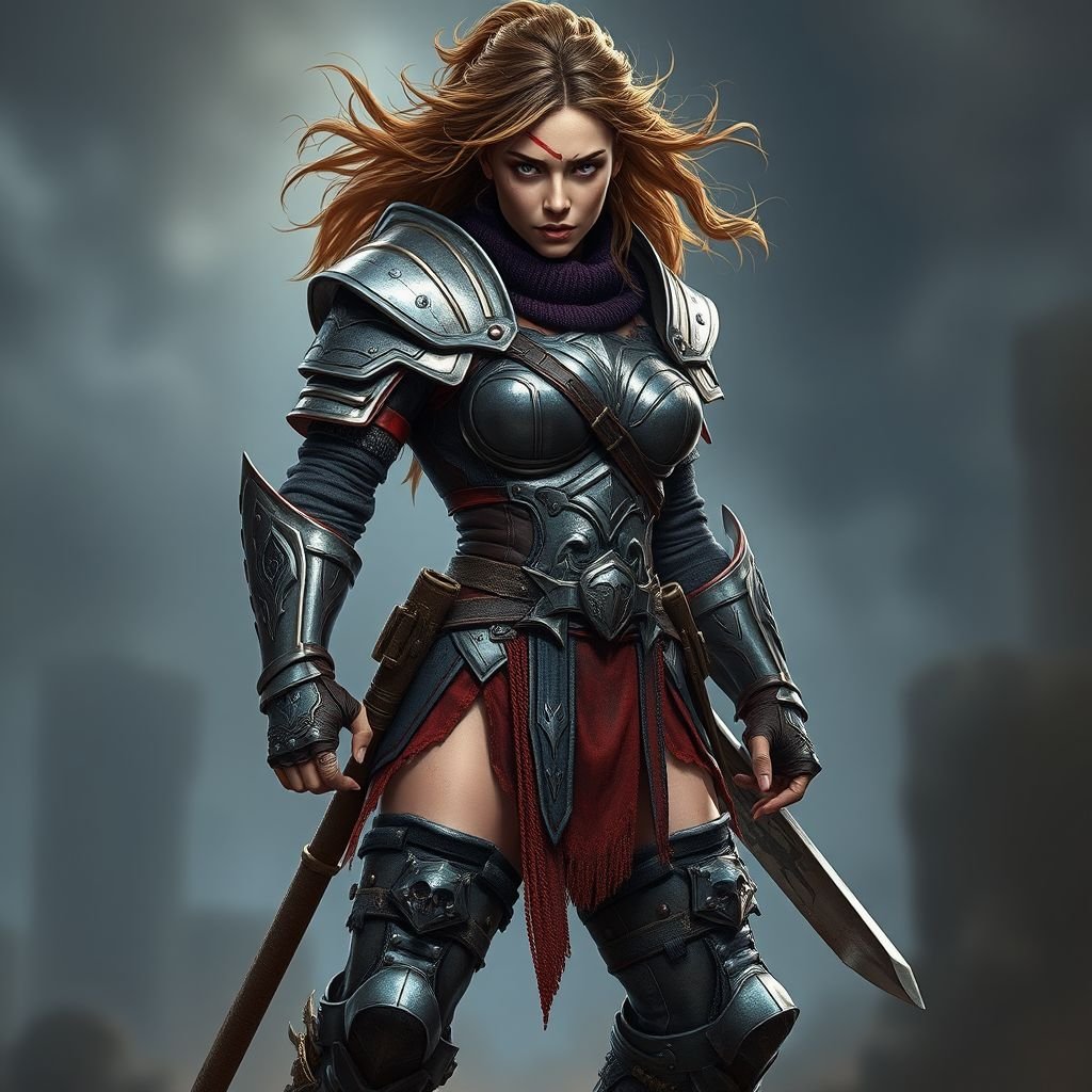Create a warrior woman , show character shoes too