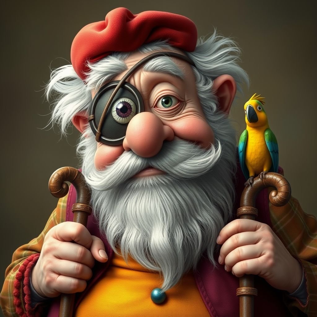 Create a funny old character who has 1 eye patched. Make him fat with a cane