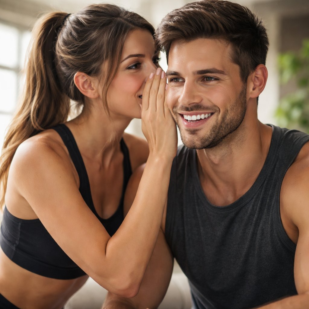 Girl whispering into man’s ear while wearing a sports bra and hugging him