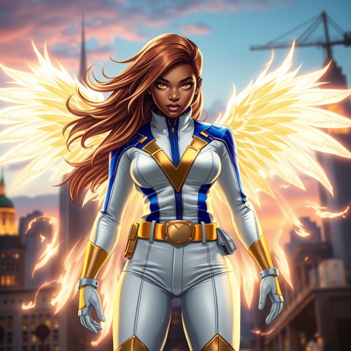 A teenage African American female superhero with brown hair with gold highlights in a shoulder length side part hairstyle with pure Gold Glowing eyes wearing a white suit with gold and royal blue with white pants and gold and white knee length boots with a utility belt with a gold V as her chest emblem with glowing wings made of white fire in Philadelphia