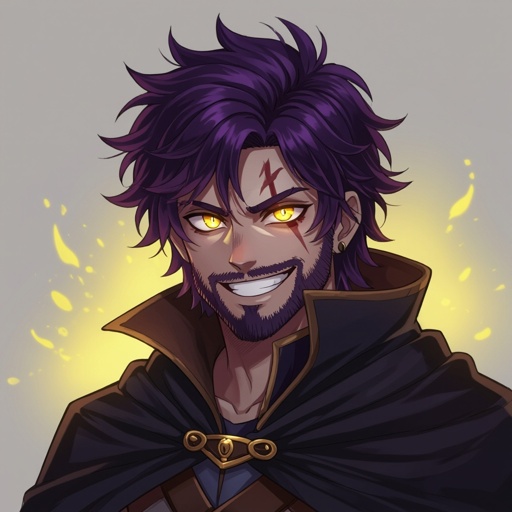 A long messy dark purple haired 20 year old with a big evil smile who has a stubble beard with yellow glowing eyes and Egyptian art on his face big strong guy with a dark cloak over himself a scar over his eye and looks upset but excited for battle with a yellow purple aura 