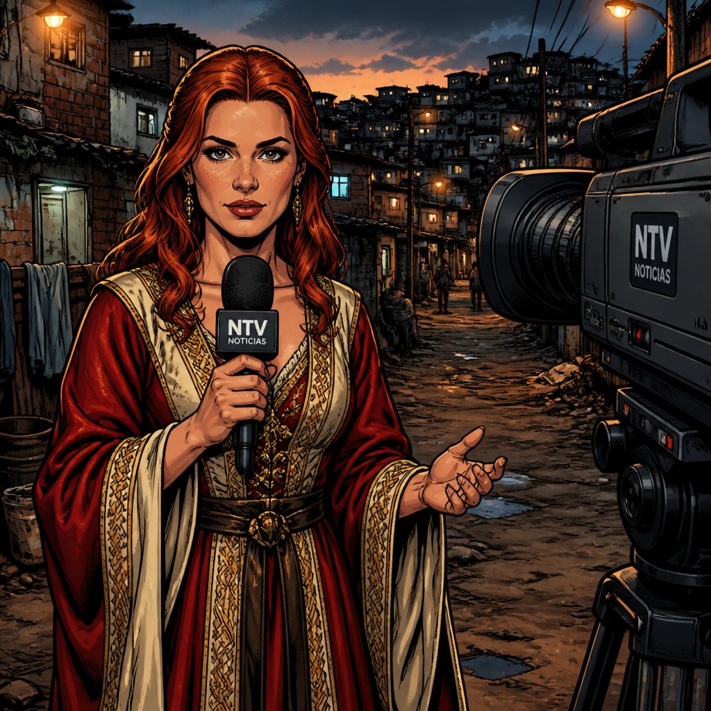 Highly realistic, no print dots vivid colours on the right side of the picture is a woman TV announcer. She has a red hair and is dressed in a renaissance robe she is holding a microphone on the right side of the picture is a TV camera. We do not see any camera man. The background setting is a South American slum it is evening.
