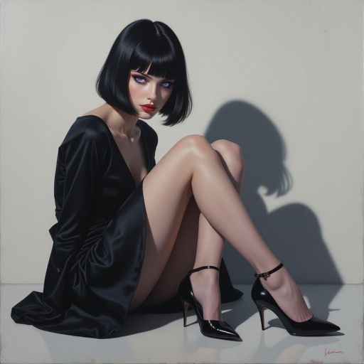 Show her shoes and entire body. Create mysterious woman jet-black hair is cut sharp to her jawline, and her violet eyes seem to pierce through darkness. A shadowy aura clings to her form, faint shapes shifting and flickering behind her like whispers of another realm. Show whole body head to toe