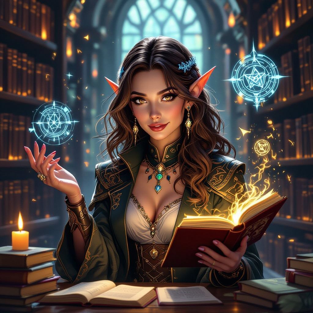 A semi-realistic, fantasy-parody portrait of Mythanna Junedae, the High Elf Wizard of Abjuration known as The Enigmatic Librarian. Scene & Lighting Set within the Eight Mages Academy library — tall rune-lit shelves and drifting motes of golden dust. Warm candlelight mixes with cool magical glow from abjuration sigils swirling faintly around her. The tone balances academic gravitas with theatrical flair — tongue-in-cheek fantasy parody realism. Appearance Mythanna stands in a confident, slightly playful pose, one hip cocked, surrounded by hovering spellbooks and glowing ward-circles. Her expression is both coy and calculating — the smile of someone who knows far more than she lets on. She has brunette wavy hair, luminous elven features, and expressive brown eyes that catch the light of the runes. Her ears are prominent and elegantly pointed. Her skin tone is soft fair ivory with a faint warm flush. Iconic Outfit (Hard-Locked) • White blouse with puffed sleeves and a black ribbon bow at the collar. • Black rune-stitched corset worn over the blouse, fitted and elegant. • High-waisted black-and-white polka-dot skirt, ending mid-thigh. • Dark thigh-high stockings leaving a bare-thigh gap visible. • Shin-high rune-stitched boots, practical yet fashionable. • A small pearl pendant rests at her throat — her arcane focus. • Hat of Wizardry, decorated with tiny polka-dot runes and a faint magical shimmer, sits jauntily atop her hair. Magic & Effects • Glowing golden abjuration sigils orbit around her hands and wrists. • Several floating tomes hover nearby, their pages turning of their own accord. • A soft halo of protective wards (circles and geometric lines of light) surrounds her body, subtly transparent. • Her Pearl of Power glows at her throat, pulsing in sync with the wards. • She holds her Wand of Magic Missiles, carved and polished, faintly glowing at the tip. Composition Full-body portrait framed from head to shins, 2:3 aspect. Candle-warm foreground light with cool sigil back-glow. Parody-fantasy realism style — equal parts glamorous and arcane.