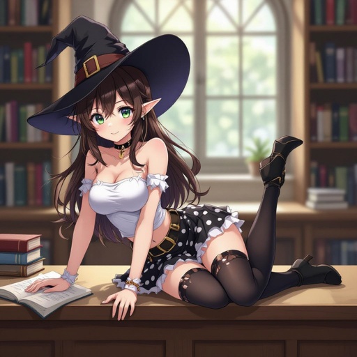 Tight Black and White Polka up Dot Miniskirt Elf Witch Librarian with Brunette Hair. Tight white tube top and witches hat. Laying on top a library counter. Battle Damaged clothes