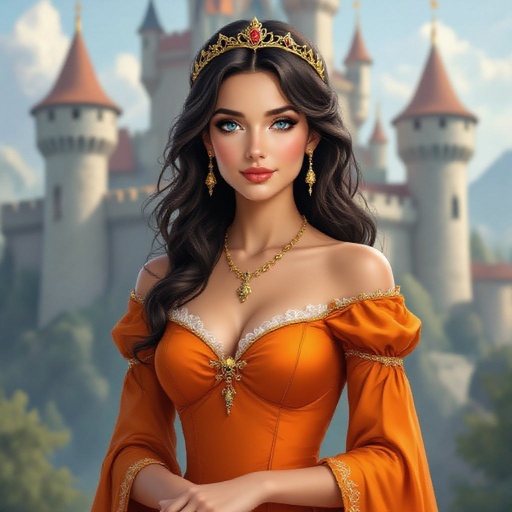 Princess. 40 years old. Olive skin. Blue eyes. Dark hair. Wearing orange dress. 