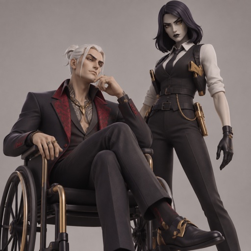 Kado Thorne from Fortnite medium length white back hair bun pale skin, In a wheelchair, marigold from Fortnite trying to intimidating Kado 