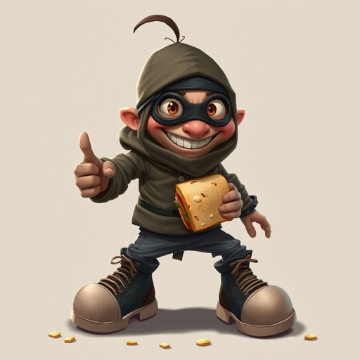 Create a funny looking clumsy thief with funny shoes on. Make him have on the bandit black thing around his eyes. And wanted for stealing sandwiches 