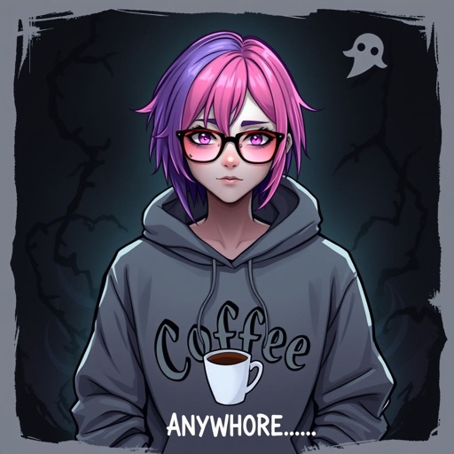 Draw me a profile picture Username: PinkOrchidsGaming I have Half Pink (Right) Half Purple (Left) Hair, A nose piercing on my left side and i wear glasses that are see through pink My Signatures: A gray Hoodie that says “Coffee” but the ‘O’ is a coffee cup My catch phrase is “AnyWHORE..” My favorite color is pink and i want the background to resemble an Angel Dust vibe (Character from hazbin hotel)