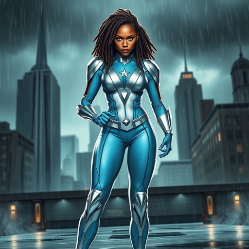 African American female superhero with locs in a shoulder length style wearing a leather slightly armored light blue and silver suit with light blue pants and silver boots and a V as her chest emblem standing in Philadelphia during a storm