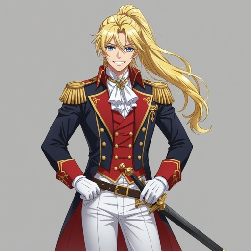 A Prince, Blonde ponytail, blue eyes, red and gold regalia, delete crown, sword at his hip, happy smile, late twenties for age, white gloves, black knee-high boots, Double-breasted suit, White trousers, manly
