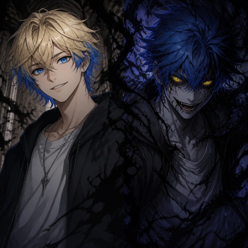 Anime male grandsons of the goddess of death,very excited boy with blonde hair and died blue tips hair styled with being up to neck length and one side having hair clips and his top hair is more bushed nice up his other side of hair being loosed with no hair clips and blue eyes casual clothes has the power of death and always looks at the good things in life When a friend or family member gets really extremely harm to possibly no return his dark side will come out his skin become gray his hair becomes full blue his tips a more dark blue his eyes become a bright shining yellow no pupils his sclera becomes black his powers become extremely strong very dangerous to be near him when he unleashes his full powers he will also have black swirls around him when this happens